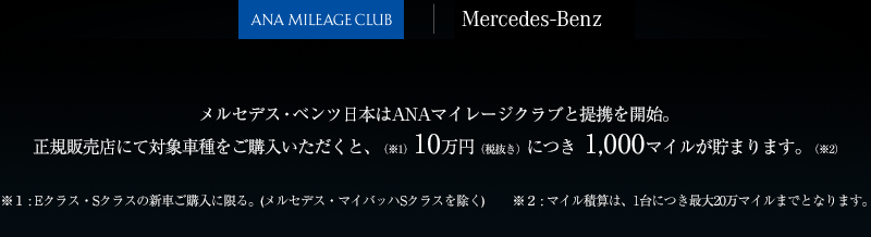 メルセデス・ベンツ日本はANAマイレージクラブと提携を開始。正規販売店にて対象車種をご購入いただくと、（※1）10万円（税抜き）につき 1,000マイルが貯まります。（※2）※１ : Eクラス・Sクラスの新車ご購入に限る。(メルセデス・マイバッハSクラスを除く) ※２ : マイル積算は、1台につき最大20万マイルまでとなります。