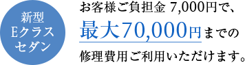 新型 Eクラス セダン お客様ご負担金 7,000円で、最大70,000円までの修理費用ご利用いただけます。